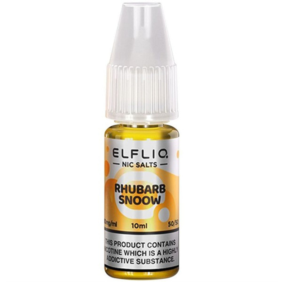 A product image displaying the packaging of ELFBAR ElfLiq Nic Salts, with the flavor 'Rhubarb Snoow' indicated on the label. The packaging is primarily orange with text stating the product contains nicotine.