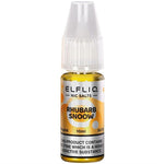 Load image into Gallery viewer, A product image displaying the packaging of ELFBAR ElfLiq Nic Salts, with the flavor &#39;Rhubarb Snoow&#39; indicated on the label. The packaging is primarily orange with text stating the product contains nicotine.
