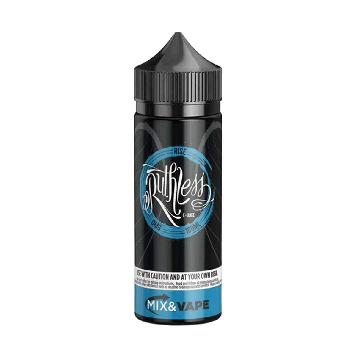 A 100ml bottle of Ruthless Rise e-liquid with a black and blue label, indicating nicotine-free and suitable for use with mixed coils at temperatures ranging from 200-350 degrees Fahrenheit.