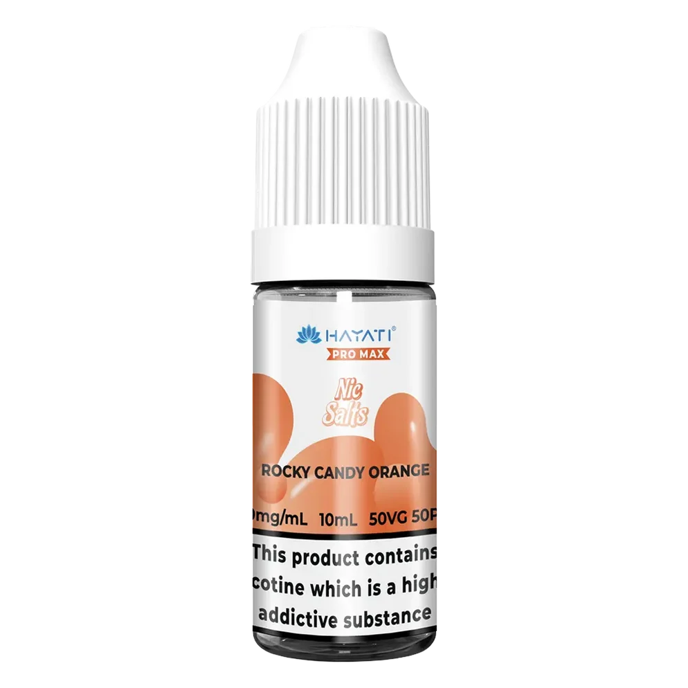 Hayati Pro Max Nic Salt Vape E-Liquid 10ml in Rocky Candy Orange Flavor, offering a smooth and satisfying vaping experience with convenient 10ml bottle packaging.