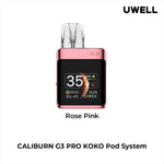 Load image into Gallery viewer, Uwell Caliburn G3 Pro Koko Pod Vape Kit in Rose Pink – compact square-shaped vape device with a sleek dark finish, OLED display, and customizable vaping features.
