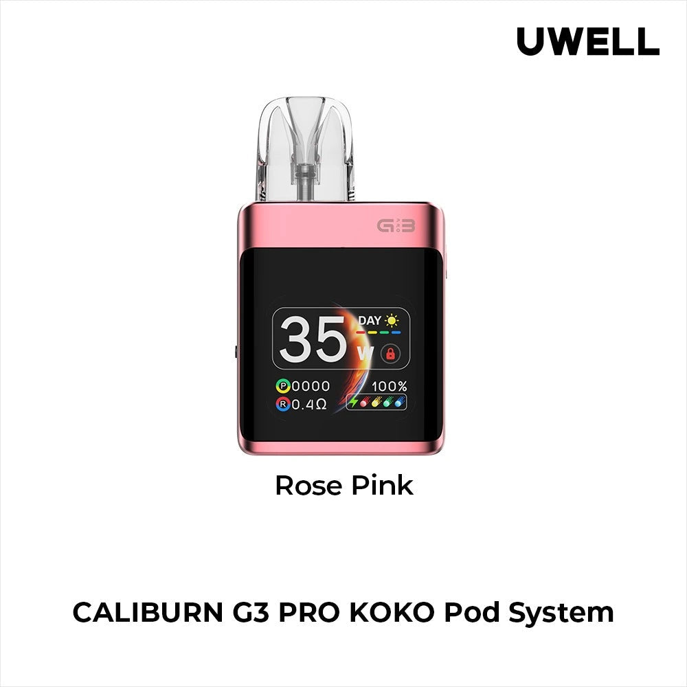 Uwell Caliburn G3 Pro Koko Pod Vape Kit in Rose Pink – compact square-shaped vape device with a sleek dark finish, OLED display, and customizable vaping features.
