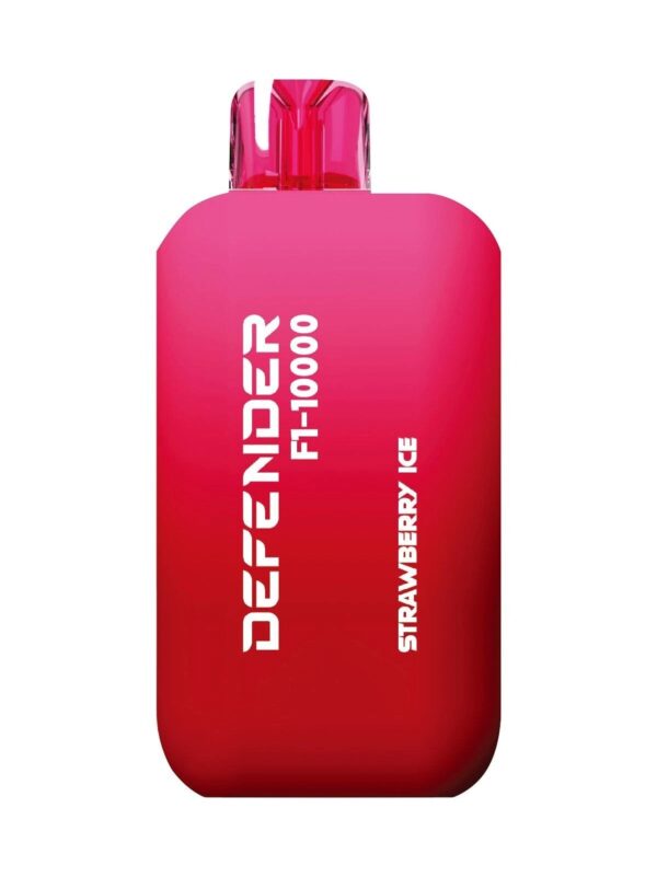 Defender F1-10000 Prefilled Pods in Strawberry Ice flavor, featuring a gradient pink and red design with a transparent mouthpiece.