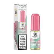 Bar Juice 5000 Strawberry Kiwi e-liquid in a pink bottle with a white label, featuring a nicotine warning and flavor information. The packaging indicates the product contains 20mg nicotine salt e-liquid and is made in the UK.