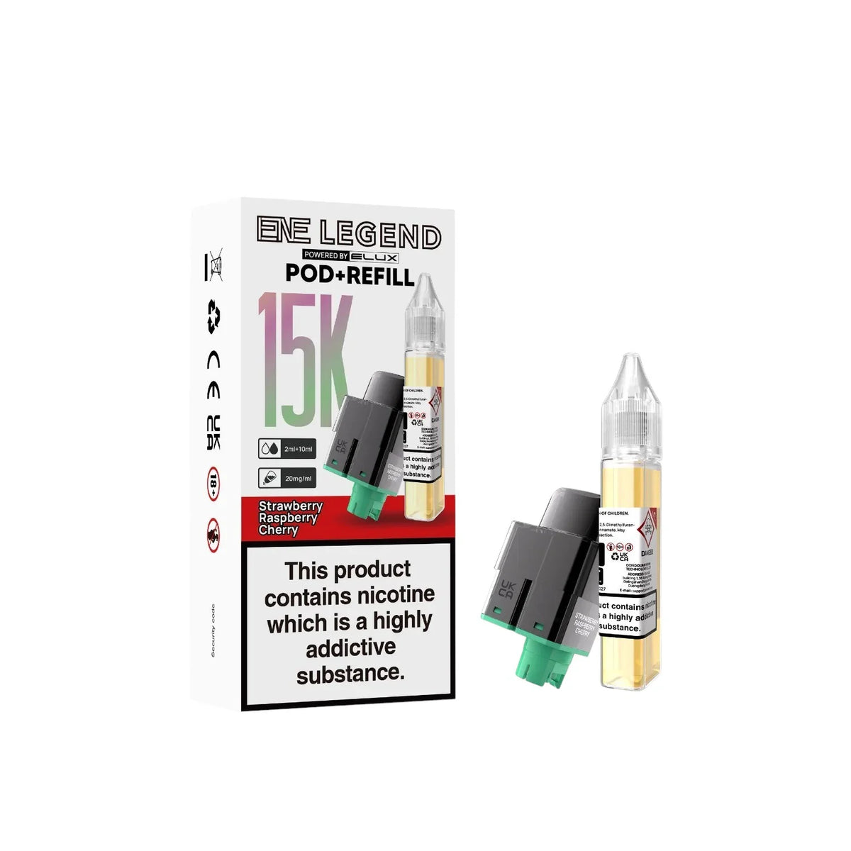 Elux ENE Legend 15K Prefilled Pods in Strawberry Raspberry Cherry – replacement prefilled pods with 2ml e-liquid capacity.