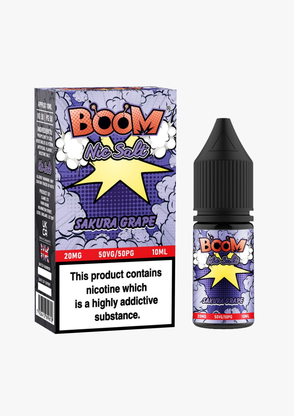 10ml bottle of Boom Nic Salt E-Liquid in Sakura Grape flavor, 50/50 VG/PG ratio for balanced flavor and vapor, available in 10mg and 20mg nicotine salt strengths, perfect for pod kits.
