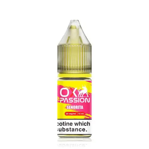 Bottle of Senorita OXVA Ox Passion Nic Salt featuring vibrant tropical-purple and pink packaging, adorned with stylized illustrations of passion fruit and hints of floral motifs, branded prominently with the OXVA logo and ‘Senorita’ flavor name—designed for nicotine salt vape devices.