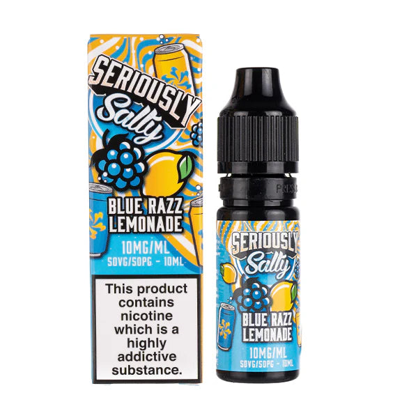 A 10ml bottle of Seriously Salty Blue Razz Lemonade Nic Salt E-Liquid next to its colorful packaging box, both featuring a blue raspberry and lemonade design.
