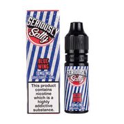 A 10ml bottle of Seriously Salty Blue Wing Nic Salt E-Liquid with a childproof cap, next to its packaging box which has striped blue and white design elements and product information.