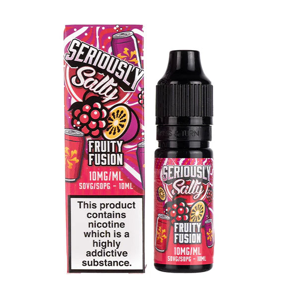 A 10ml bottle of Seriously Salty Fruity Fusion Nic Salt E-Liquid with a childproof cap, displayed next to its packaging which features vibrant pink and black color tones with fruit imagery.