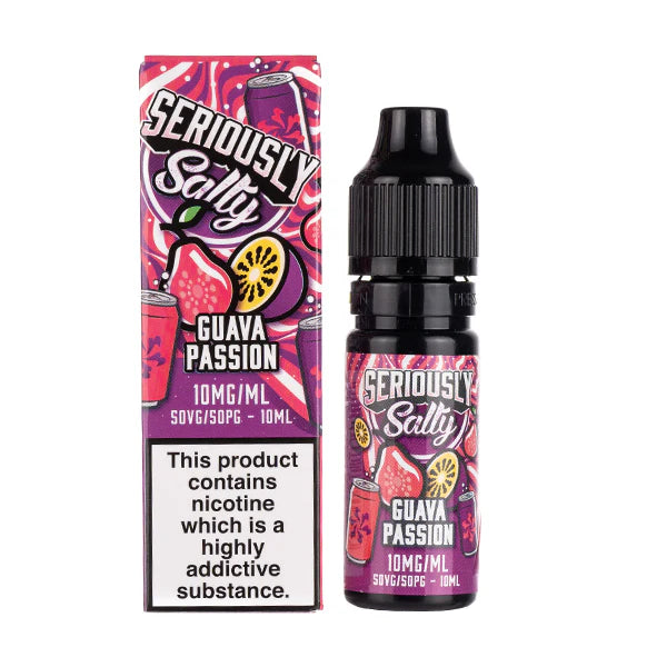 Seriously Salty Nic Salt E-Liquid bottle in Guava Passion flavor, featuring a tropical blend of sweet guava and tangy passionfruit; smooth nicotine salt formula for a satisfying vape, ideal for use in low-wattage pod devices.