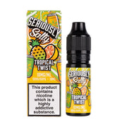 Packaging for Seriously Salty Nic Salt E-Liquid with a tropical theme, featuring a bottle with mango, pineapple, and citrus imagery, and text indicating the flavor and nicotine strength.