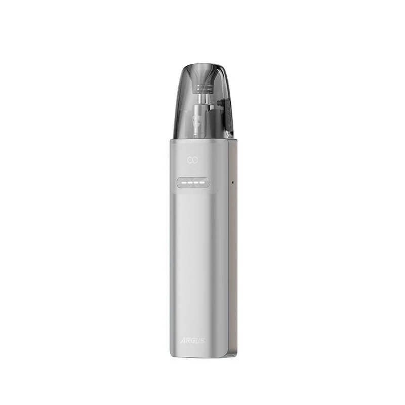 Voopoo Argus G4 Mini Pod Kit in Silver – compact refillable vape device with a 1650mAh battery, Multi-Ohm Cartridge technology, and adjustable airflow.