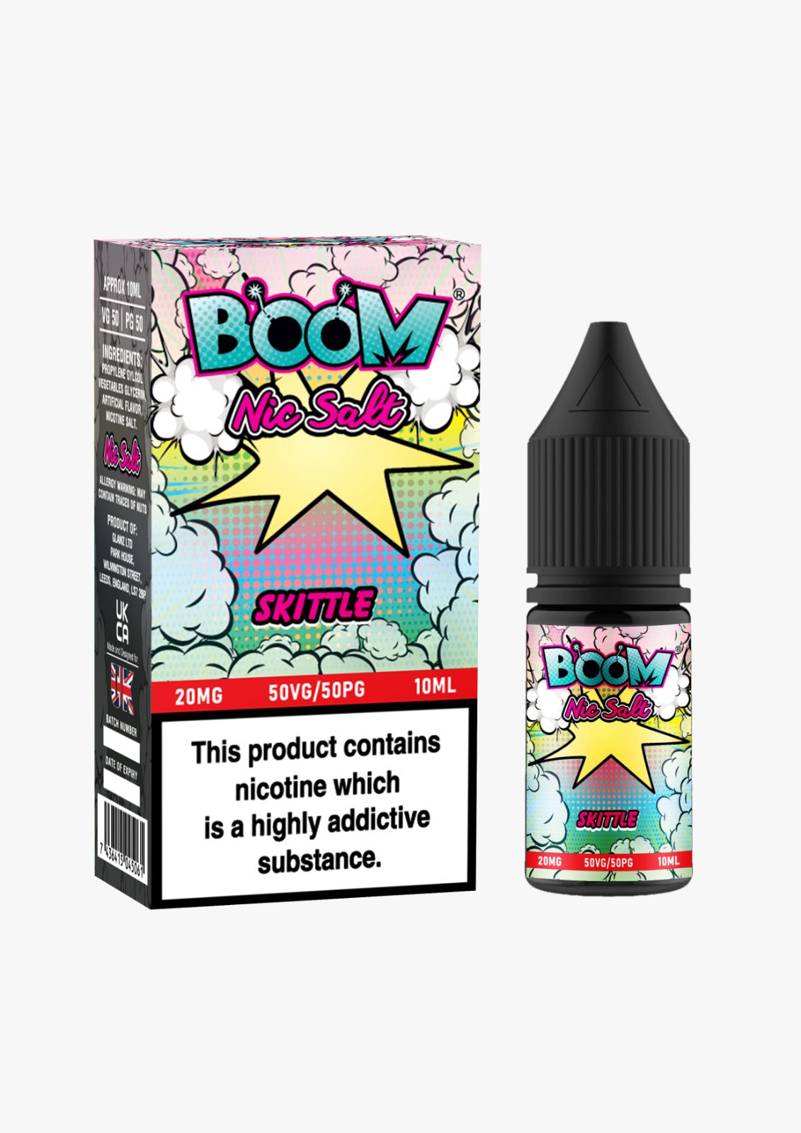 10ml bottle of Boom Nic Salt E-Liquid in Skittle flavor, 50/50 VG/PG ratio for balanced flavor and vapor, available in 10mg and 20mg nicotine salt strengths, perfect for pod kits.