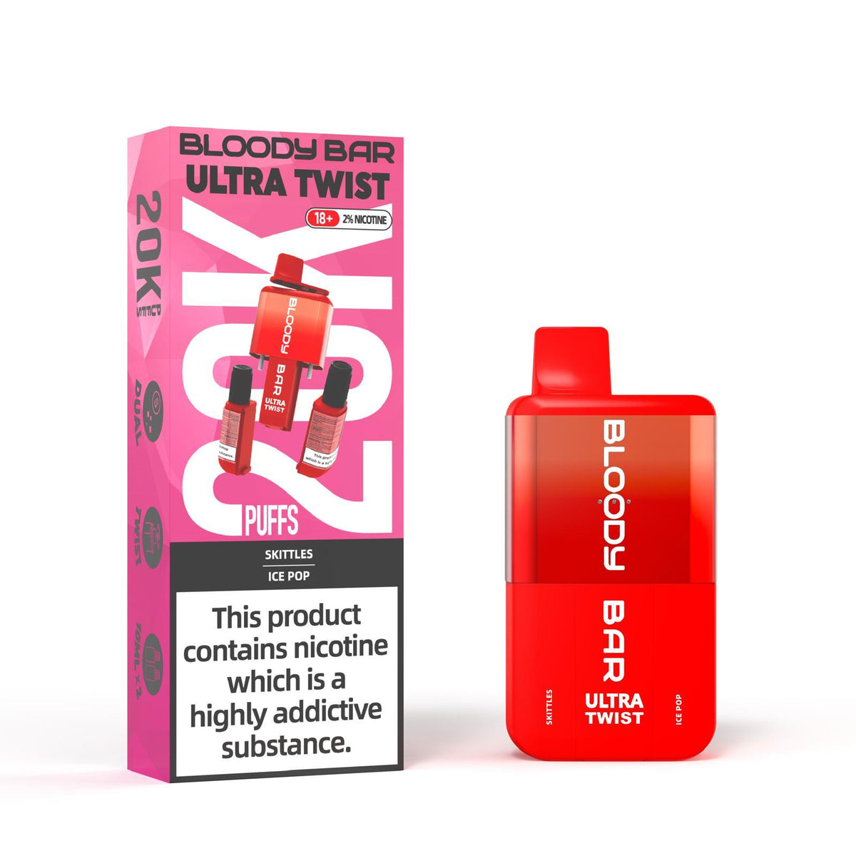 Bloody Bar Ultra Twist Disposable Vape – 20,000 puffs, available in Skittles or Ice Pop flavors.