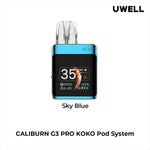 Load image into Gallery viewer, Uwell Caliburn G3 Pro Koko Pod Vape Kit in Sky Blue – compact square-shaped vape device with a sleek dark finish, OLED display, and customizable vaping features.
