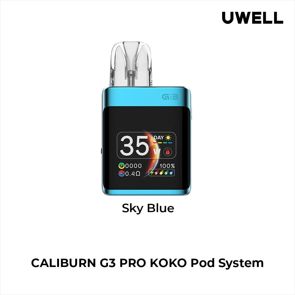 Uwell Caliburn G3 Pro Koko Pod Vape Kit in Sky Blue – compact square-shaped vape device with a sleek dark finish, OLED display, and customizable vaping features.