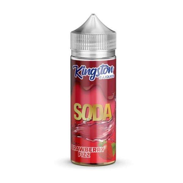 A bottle of Kingston Soda - Strawberry Fizz e-liquid with a nicotine-free label, predominantly red and silver in color.