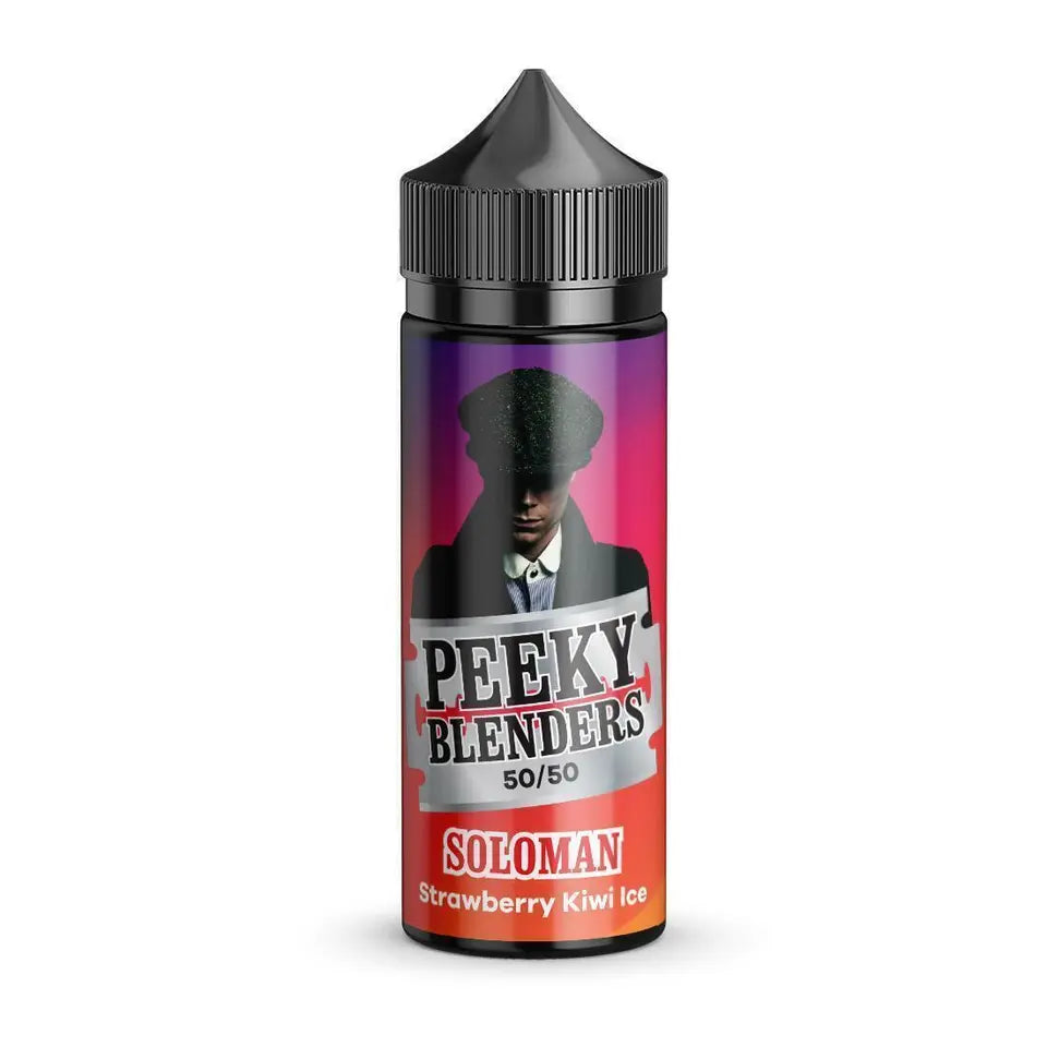 A bottle of Peeky Blenders 50/50 VG/PG Strawberry Kiwi Ice e-liquid, 100ML size, with a label featuring a strawberry and kiwi fruit graphic and the brand name.