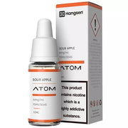 Pack of ten 10ml Hangsen E-Liquid bottles in Sour Apple flavor, featuring a crisp and tangy apple taste; 70/30 PG/VG blend for a smooth throat hit and dense vapor, available in 6mg, 12mg, and 18mg nicotine strengths.