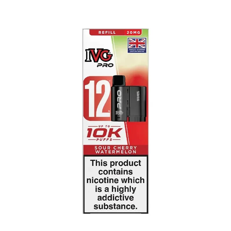 IVG Pro 12 prefilled vape pods in Sour Cherry watermelon flavor, offering a refreshing mint taste with a convenient disposable design