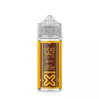 A 100ml Pod Salt Nexus e-liquid bottle with a label showing the flavor as Sour Tangerine Coconut.