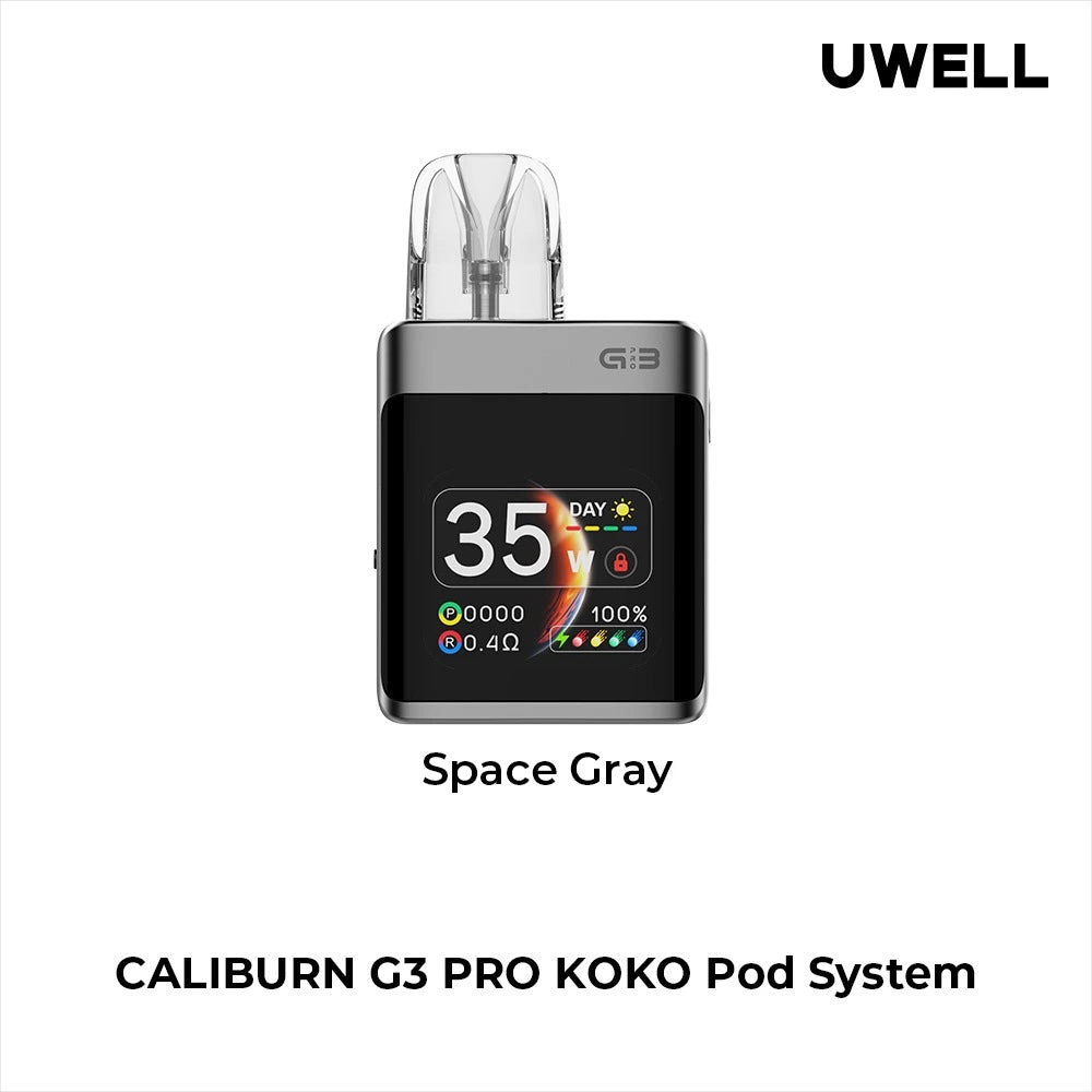 Uwell Caliburn G3 Pro Koko Pod Vape Kit in Space Grey – compact square-shaped vape device with a sleek dark finish, OLED display, and customizable vaping features.