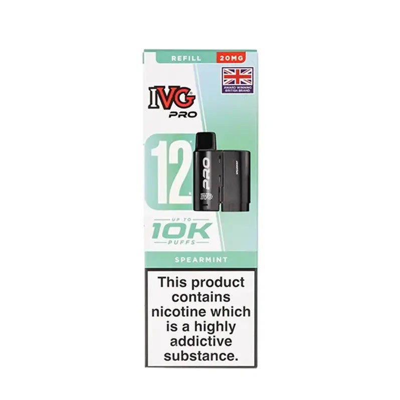 IVG Pro 12 prefilled vape pods in Spearmint flavor, offering a refreshing mint taste with a convenient disposable design