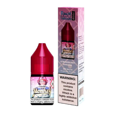A 10ml bottle of Strawberry Banana R&M Nic Salt E Liquid next to its packaging, which has health warning labels and branding.