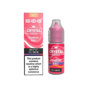 Bottle of Strawberry Burst SKE Crystal Nic Salt e‑liquid featuring bold red packaging with stylized ripe strawberry artwork and icy menthol accents, prominent 'SKE Crystal' logo and flavor name clearly displayed—formulated in a 50/50 VG/PG blend with typical nicotine strengths (e.g. 10 mg or 20 mg), designed for mouth-to-lung & pod-system nicotine salt vaping