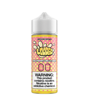 A 120ml bottle of Strawberry Cream Crepe loaded e-liquid with various flavor options such as Apple Fritter, Lemon Bar, and Melon Milkshake.