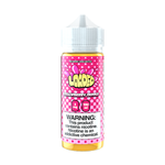 Load image into Gallery viewer, A 120ml bottle of Strawberry Dipped Loaded E-Liquid with a child-resistant cap, featuring a label with pink and white color scheme and a warning about nicotine content.
