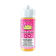 A 120ml bottle of Strawberry Dipped Loaded E-Liquid with a child-resistant cap, featuring a label with pink and white color scheme and a warning about nicotine content.