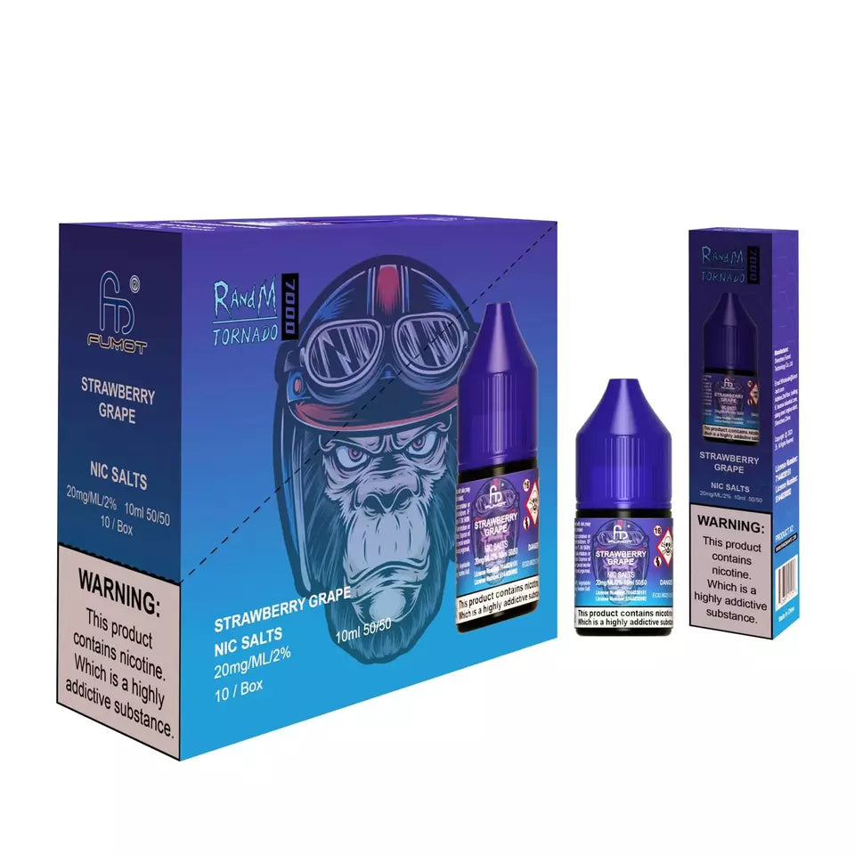 Product image showing a box and a bottle of Strawberry Grape flavored Nic Salt E Liquid. The box has branding and a graphic of a monkey wearing sunglasses.