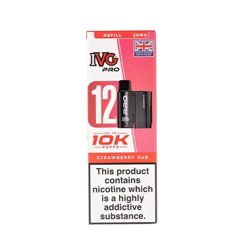 IVG Pro 12 prefilled vape pods in Strawberry Hub flavor, offering a refreshing mint taste with a convenient disposable design