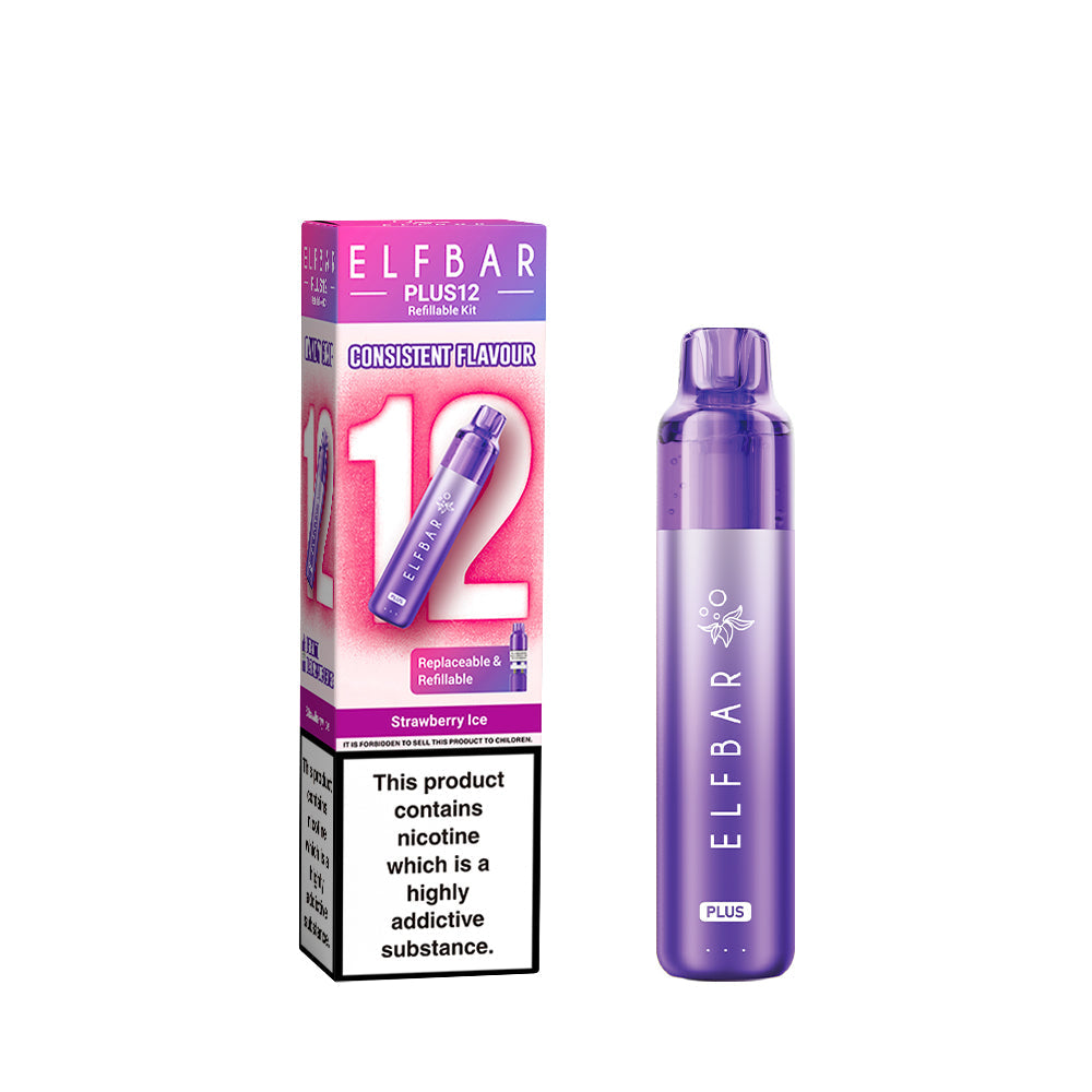 Elf Bar Plus 12 in Strawberry Ice – long-lasting rechargeable vape with up to 12,000 puffs and smooth MTL performance.