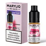 Load image into Gallery viewer, A product image showing a 10ml bottle of MARY LIQ Nicotine Salts Vape Juice in Strawberry Ice flavor, with its packaging box which states &#39;Lost Mary&#39; and &#39;Strawberry Ice&#39; along with nicotine content information.

