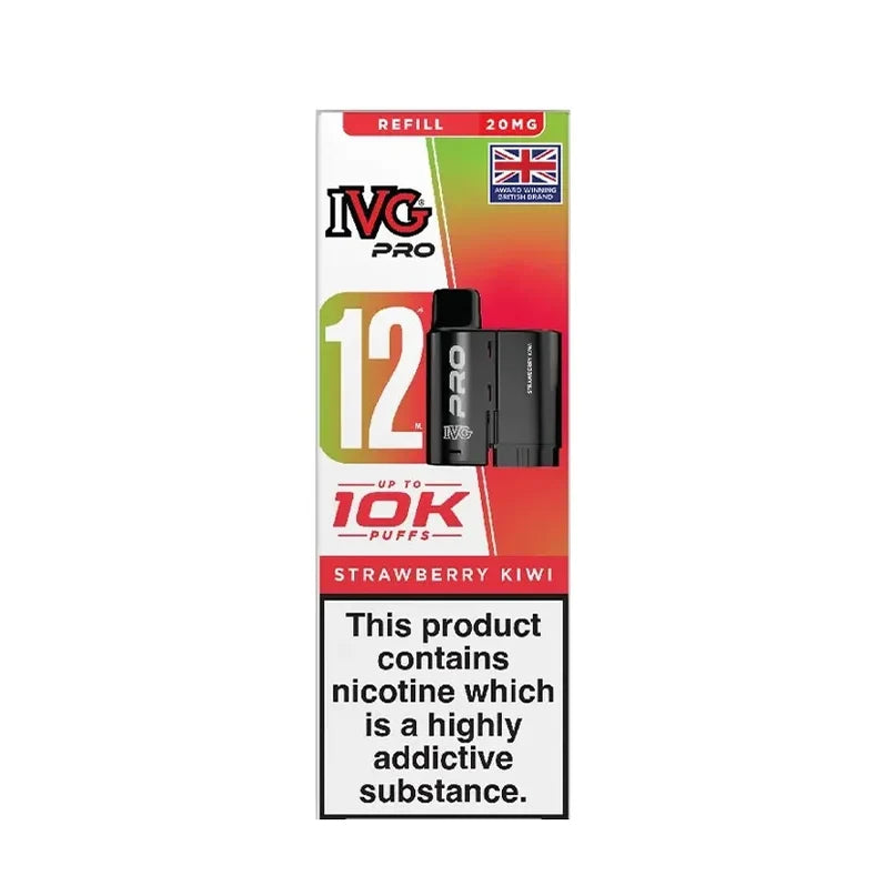 IVG Pro 12 prefilled vape pods in Strawberry Kiwi flavor, offering a refreshing mint taste with a convenient disposable design