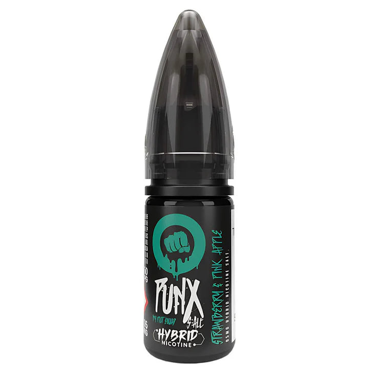 Bottle of Strawberry Pink Apple Riot Squad Punx Nic Salts with bright red and green packaging showcasing strawberry and pink apple graphics, bold ‘Punx’ branding, and nicotine strength options 5 mg, 10 mg, or 20 mg, designed for nicotine salt vape devices.