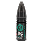 Bottle of Strawberry Pink Apple Riot Squad Punx Nic Salts with bright red and green packaging showcasing strawberry and pink apple graphics, bold ‘Punx’ branding, and nicotine strength options 5 mg, 10 mg, or 20 mg, designed for nicotine salt vape devices.