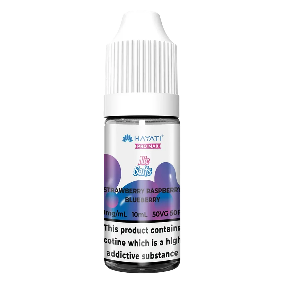 Hayati Pro Max Nic Salt Vape E-Liquid 10ml in Strawberry Raspberry Blueberry Flavor, offering a smooth and satisfying vaping experience with convenient 10ml bottle packaging.
