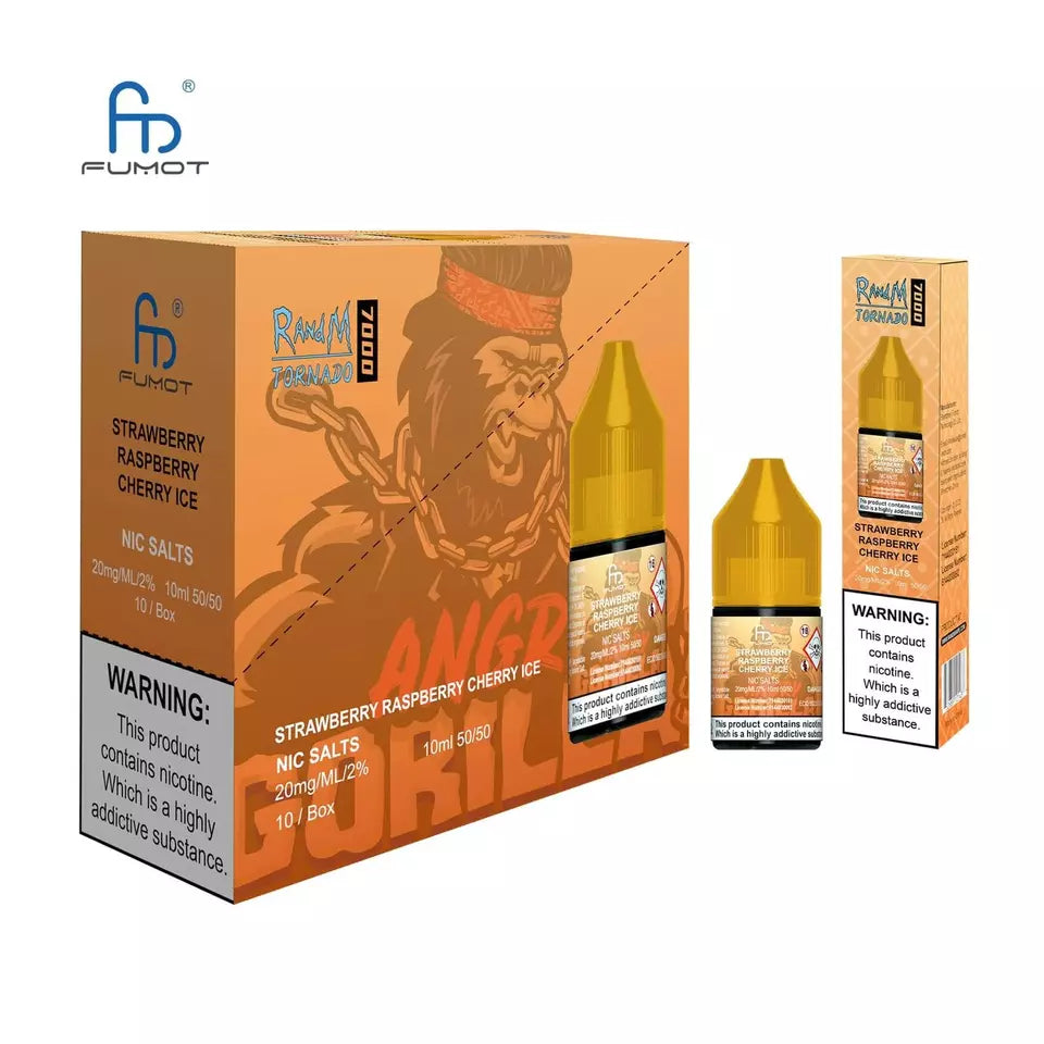 A product image showing a 10ml bottle of Strawberry Raspberry Cherry Ice R&M Nic Salt E Liquid, with packaging that includes a graphic of a monkey and a warning label for nicotine content.