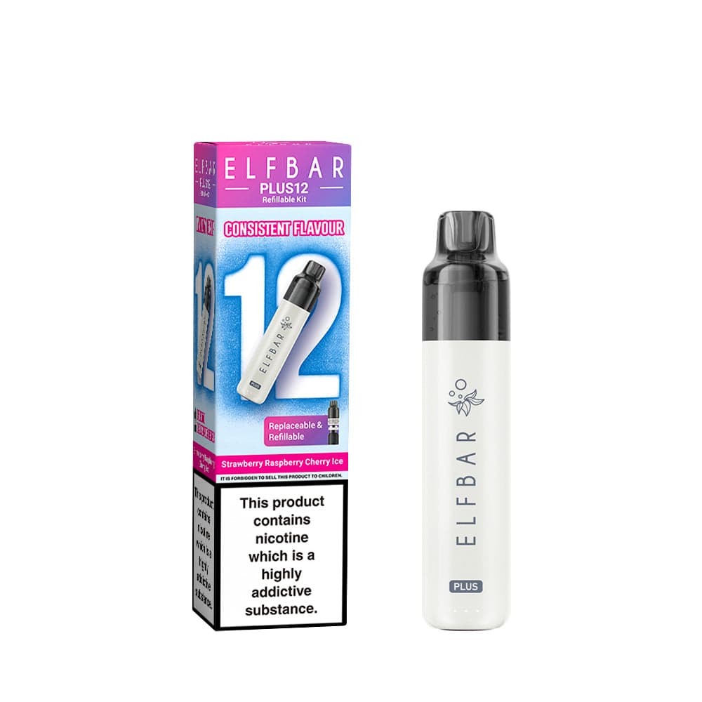 Elf Bar Plus 12 in Strawberry Raspberry Cherry Ice – long-lasting rechargeable vape with up to 12,000 puffs and smooth MTL performance.
