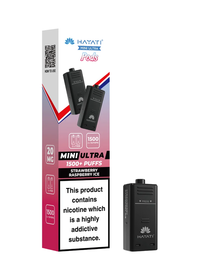 Hayati Mini Ultra 1500 Strawberry Raspberry Ice prefilled pods compatible with the Mini Ultra device, available in various flavours