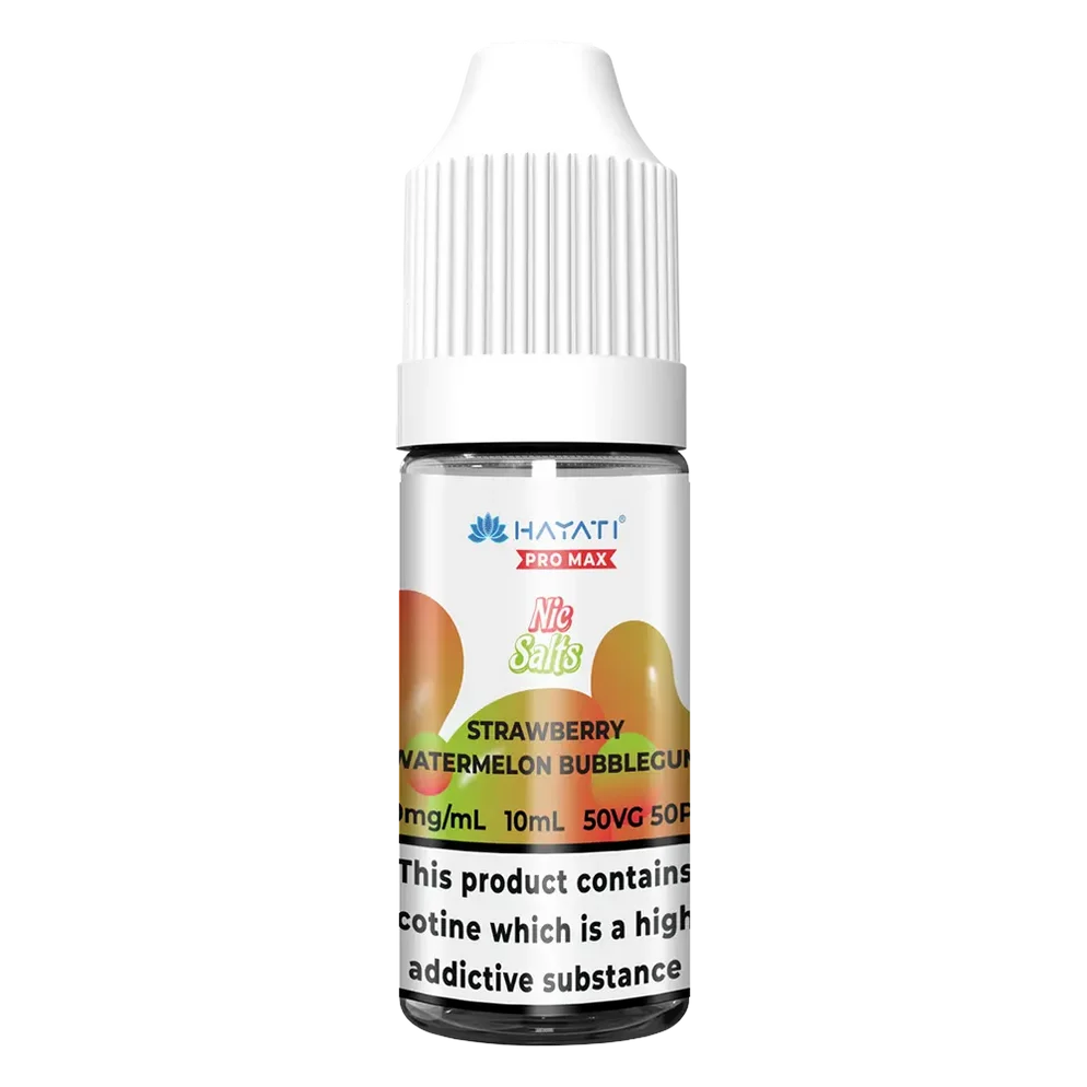 Hayati Pro Max Nic Salt Vape E-Liquid 10ml in Strawberry Watermelon Bubblegum Flavor, offering a smooth and satisfying vaping experience with convenient 10ml bottle packaging.