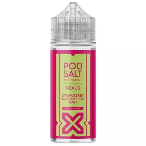 A 100ml bottle of Pod Salt Nexus Strawberry Watermelon Kiwi flavored e-liquid for vaping with a clear label and bubble cap.