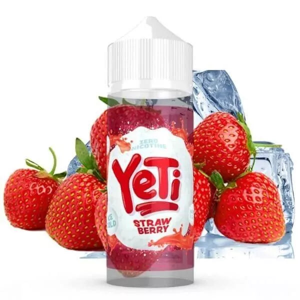 A bottle of Strawberry YETI E-Liquid with ice and fresh strawberries in the background, indicating a fruity flavor.