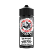 A 100ml bottle of Strawberry Ruthless E-Liquid by Cloud Chaser Vape Juice, with a warning label that nicotine is an addictive chemical.