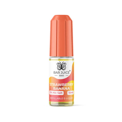 The image shows a product packaging for Bar Juice 5000 e-liquid in Strawberry Banana flavor. The packaging is predominantly orange and white with text and graphics describing the product as a refillable vape juice with 5000mg nicotine content, 10ml volume, and strawberry and banana flavors.