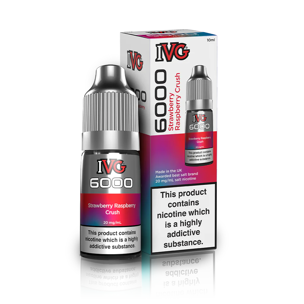 10ml bottle of IVG 6000 Nicotine Salt Vape Juice in Strawberry Raspberry Crush flavor, blending crisp green apple with an icy menthol twist; available in 10mg and 20mg strengths, featuring a smooth nic salt formula perfect for pod kits and mouth-to-lung vaping.